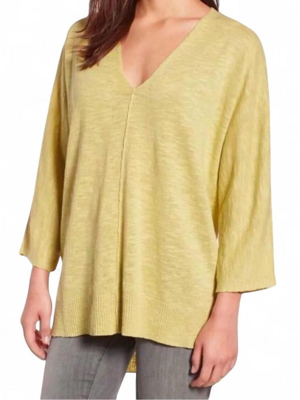 Eileen Fisher Organic Cotton & Linen Slub Pullover Sweater Butter Yellow Large